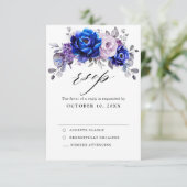 Royal Blue Lila Paarse Floral Wedding RSVP Kaart (Staand voorkant)