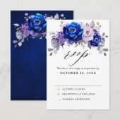 Royal Blue Lila Paarse Floral Wedding RSVP Kaart (Voorkant / Achterkant)