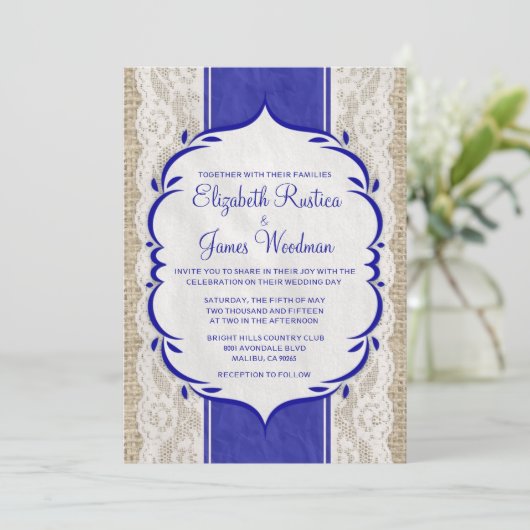 Royal Blue  Linen Burlap Wedding Kaart (Staand voorkant)