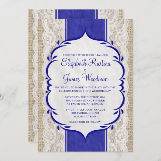 Royal Blue  Linen Burlap Wedding Kaart (Voorkant / Achterkant)