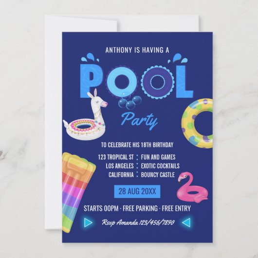 Royal Blue Llama Flamingo Pool Birthday Party Kaart (Voorkant)