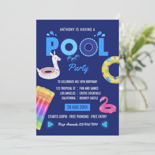 Royal Blue Llama Flamingo Pool Birthday Party Kaart (Staand voorkant)