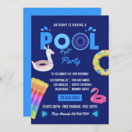 Royal Blue Llama Flamingo Pool Birthday Party Kaart
