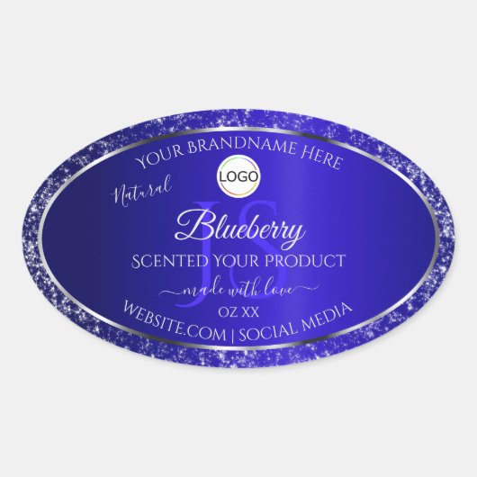 Royal Blue Logo Initialen Glitter Productlabels Ovale Sticker (Voorkant)