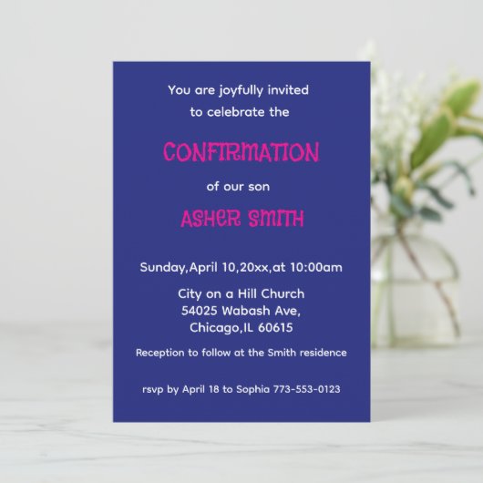 Royal Blue & Magenta Son's Confirmation Invitation Kaart (Staand voorkant)