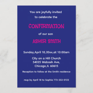 Royal Blue & Magenta Son's Confirmation Invitation Kaart