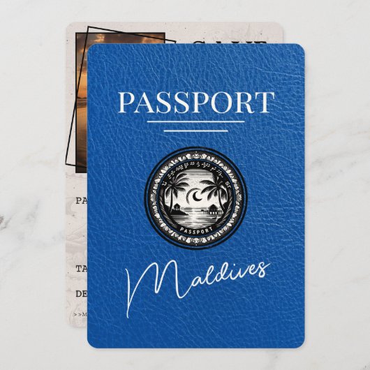 Royal Blue Maldives Passport Bewaar de datum Save The Date (Voorkant / Achterkant)