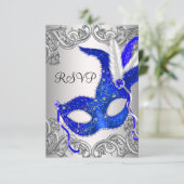 Royal Blue Mask Masquerade Party RSVP Kaartje (Staand voorkant)