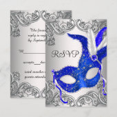 Royal Blue Mask Masquerade Party RSVP Kaartje (Voorkant / Achterkant)