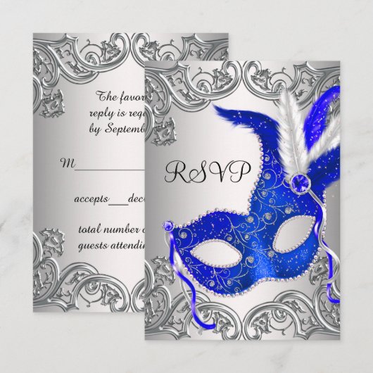 Royal Blue Mask Masquerade Party RSVP Kaartje (Voorkant / Achterkant)