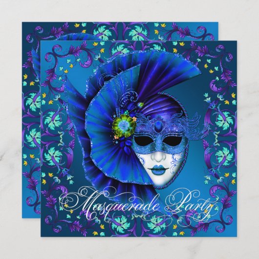 Royal Blue Masquerade Party Uitnodigingen (Voorkant / Achterkant)