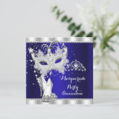 Royal Blue Masquerade Quinceanera Mask Hi Heels Kaart (Staand voorkant)