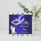Royal Blue Masquerade Quinceanera Party Mask Heels Kaart (Staand voorkant)