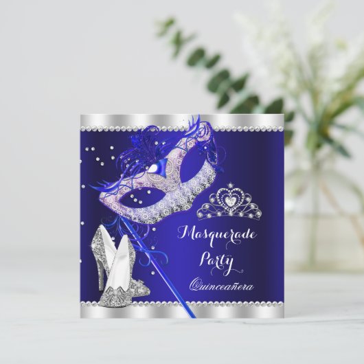 Royal Blue Masquerade Quinceanera Party Mask Heels Kaart (Staand voorkant)