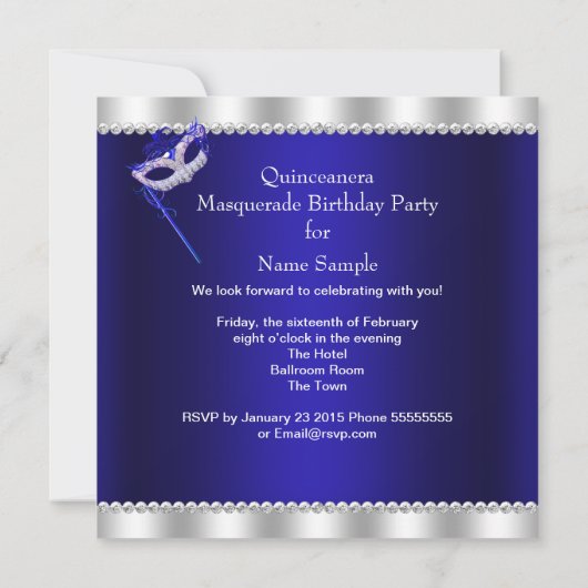 Royal Blue Masquerade Quinceanera Party Mask Heels Kaart (Achterkant)