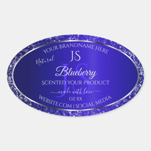 Royal Blue met Glitter Initialen Productlabels Ovale Sticker (Voorkant)
