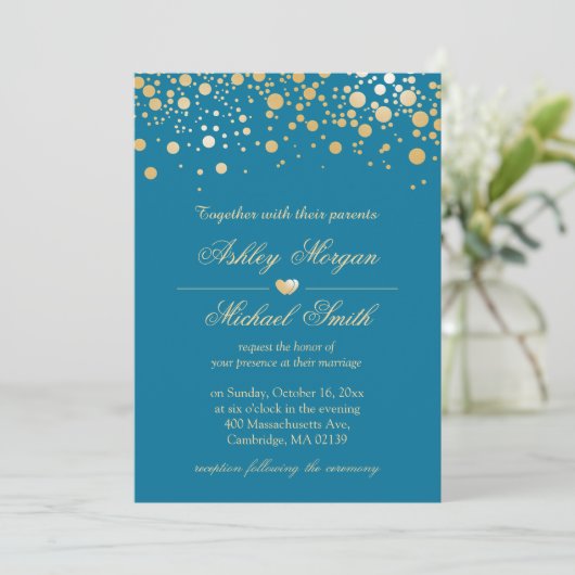 Royal Blue met Gold Confetti Polka Dots Wedding Kaart (Staand voorkant)