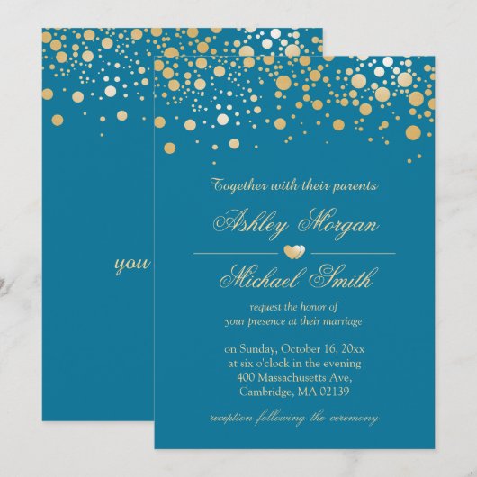 Royal Blue met Gold Confetti Polka Dots Wedding Kaart (Voorkant / Achterkant)