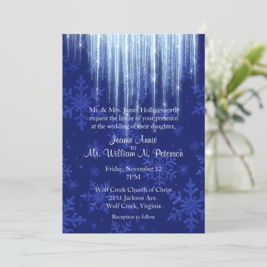 Royal Blue met Icicles Winter Huwelijksuitnodiging Kaart (Staand voorkant)
