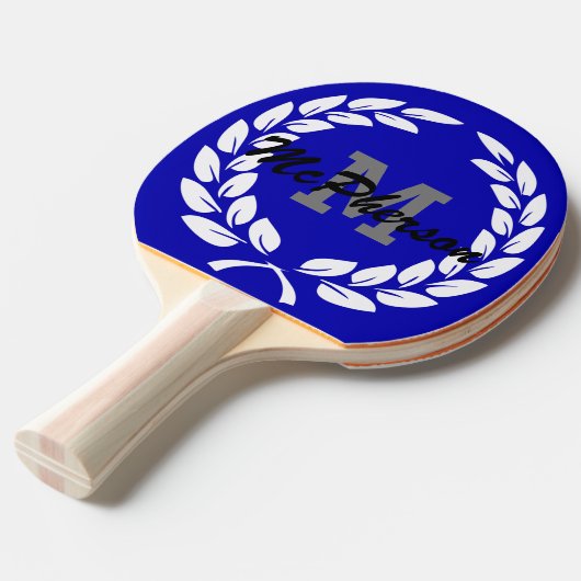 Royal Blue met Victory Krans en Monogram/Naam Tafeltennisbatje (Voorkant Gekanteld)
