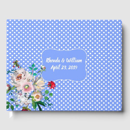 Royal Blue met White Stippen en Flowers Wedding Gastenboek (Voorkant)