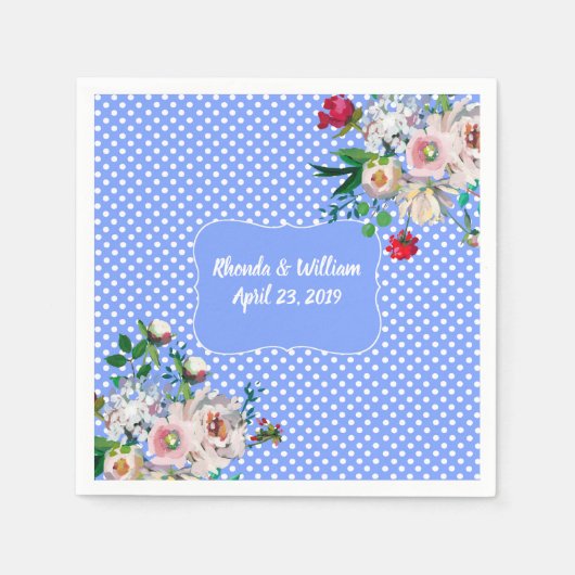 Royal Blue met White Stippen en Flowers Wedding Servet (Voorkant)