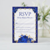 Royal Blue Metallic Elegant Floral Wedding RSVP Kaartje (Staand voorkant)