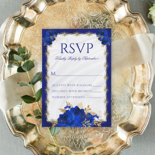 Royal Blue Metallic Elegant Floral Wedding RSVP Kaartje