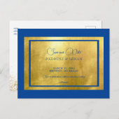 Royal Blue & Metallic Gold Regal Save our Date Briefkaart (Voorkant / Achterkant)