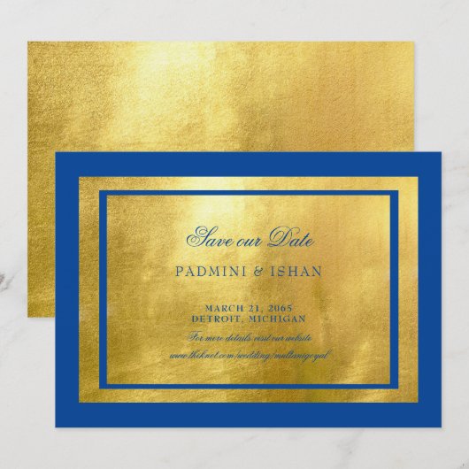 Royal Blue & Metallic Gold Regal Save The Date (Voorkant / Achterkant)