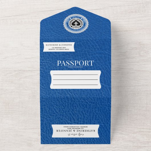 Royal Blue Mexico Passport Wedding All In One Uitnodiging (Buitenkant)
