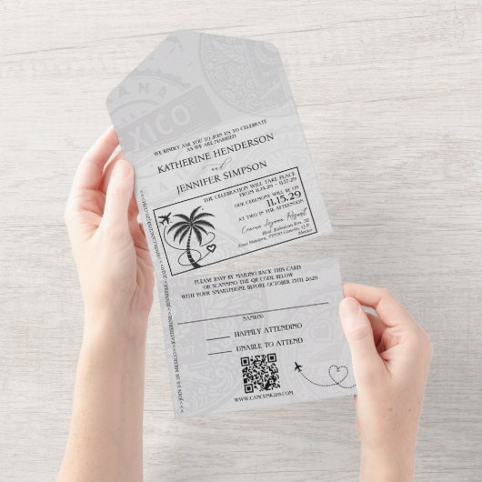 Royal Blue Mexico Passport Wedding All In One Uitnodiging (Afscheurbaar)