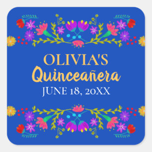 Royal Blue Mis Quince Anos Mexicaanse Fiesta Bloem Vierkante Sticker