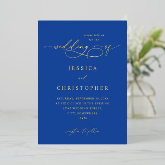 Royal Blue Modern Calligraphy 3 Wedding Folie Uitnodiging (Staand Voorkant)