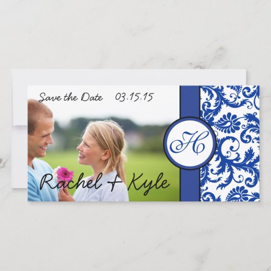 Royal Blue Modern Damask Save the Date (Voorkant)