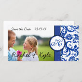 Royal Blue Modern Damask Save the Date (Voorkant / Achterkant)
