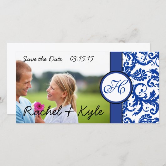 Royal Blue Modern Damask Save the Date (Voorkant / Achterkant)