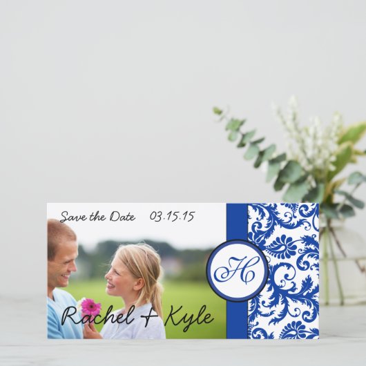 Royal Blue  Modern Damask Save the Date (Staand voorkant)