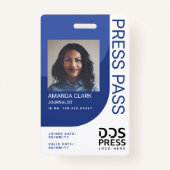 Royal Blue Modern & Minimal Press Pass Photo ID Badge (Voorkant)