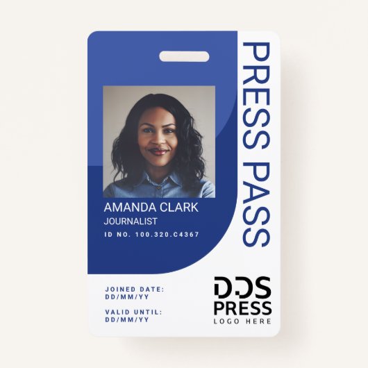 Royal Blue Modern & Minimal Press Pass Photo ID Badge (Voorkant)