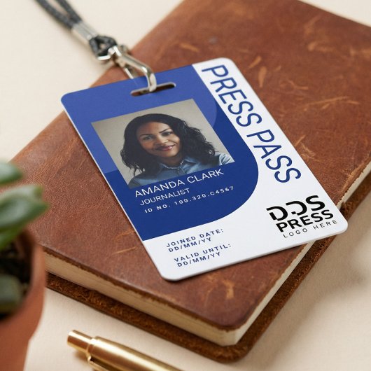 Royal Blue Modern & Minimal Press Pass Photo ID Badge