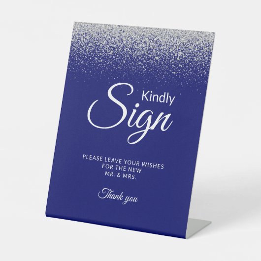 Royal Blue Modern Silver Glitter Guest Book Sign Reclamebord Met Voetstuk (Voorkant)