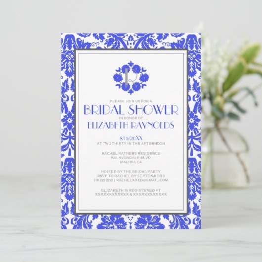 Royal Blue Monogram Damask Vrijgezellenfeest nodig Kaart (Staand voorkant)