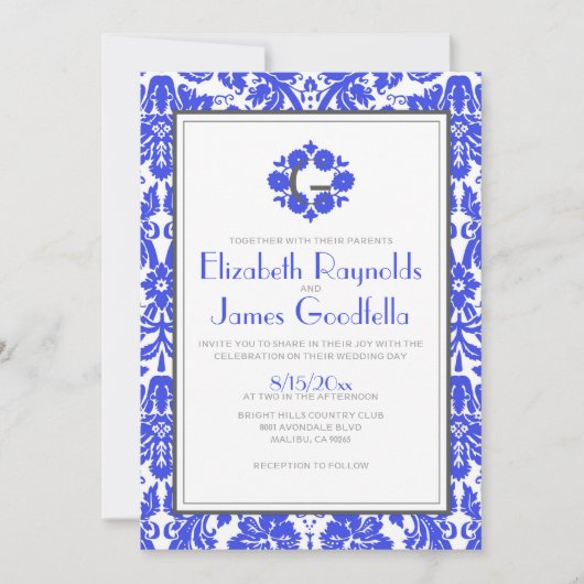Royal Blue Monogram Damask Wedding Invitations Kaart (Voorkant)