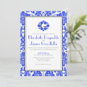 Royal Blue Monogram Damask Wedding Invitations Kaart (Staand voorkant)