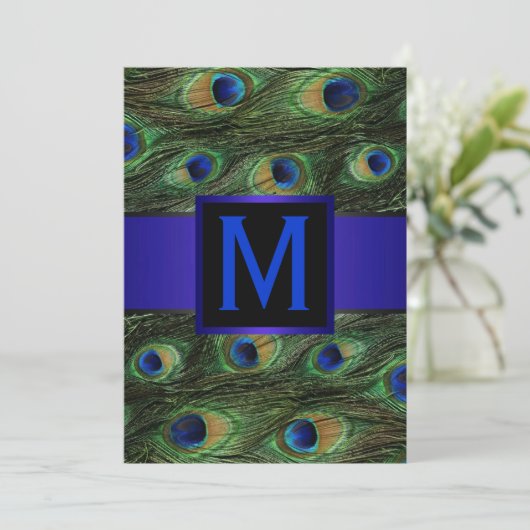 Royal Blue Monogram Peacock Kaart (Staand voorkant)