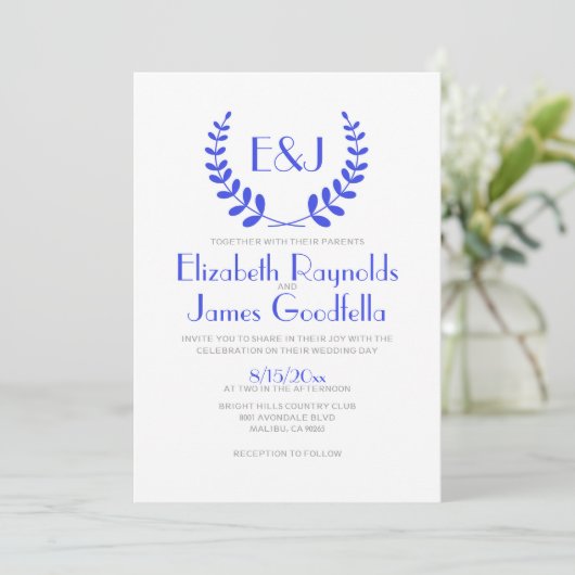 Royal Blue Monogram Wedding Invitations Kaart (Staand voorkant)