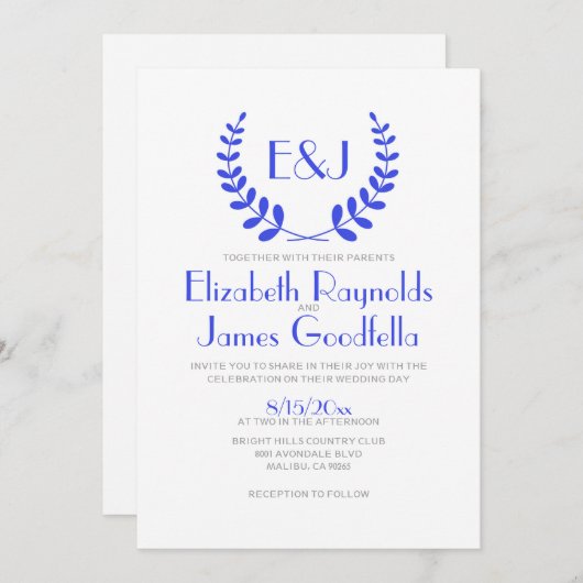 Royal Blue Monogram Wedding Invitations Kaart (Voorkant / Achterkant)