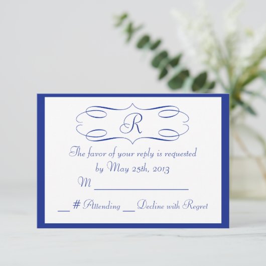 Royal Blue Monogram Wedding RSVP Kaart (Staand voorkant)