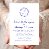 Royal Blue Monogram Wreath Script Wedding Kaart